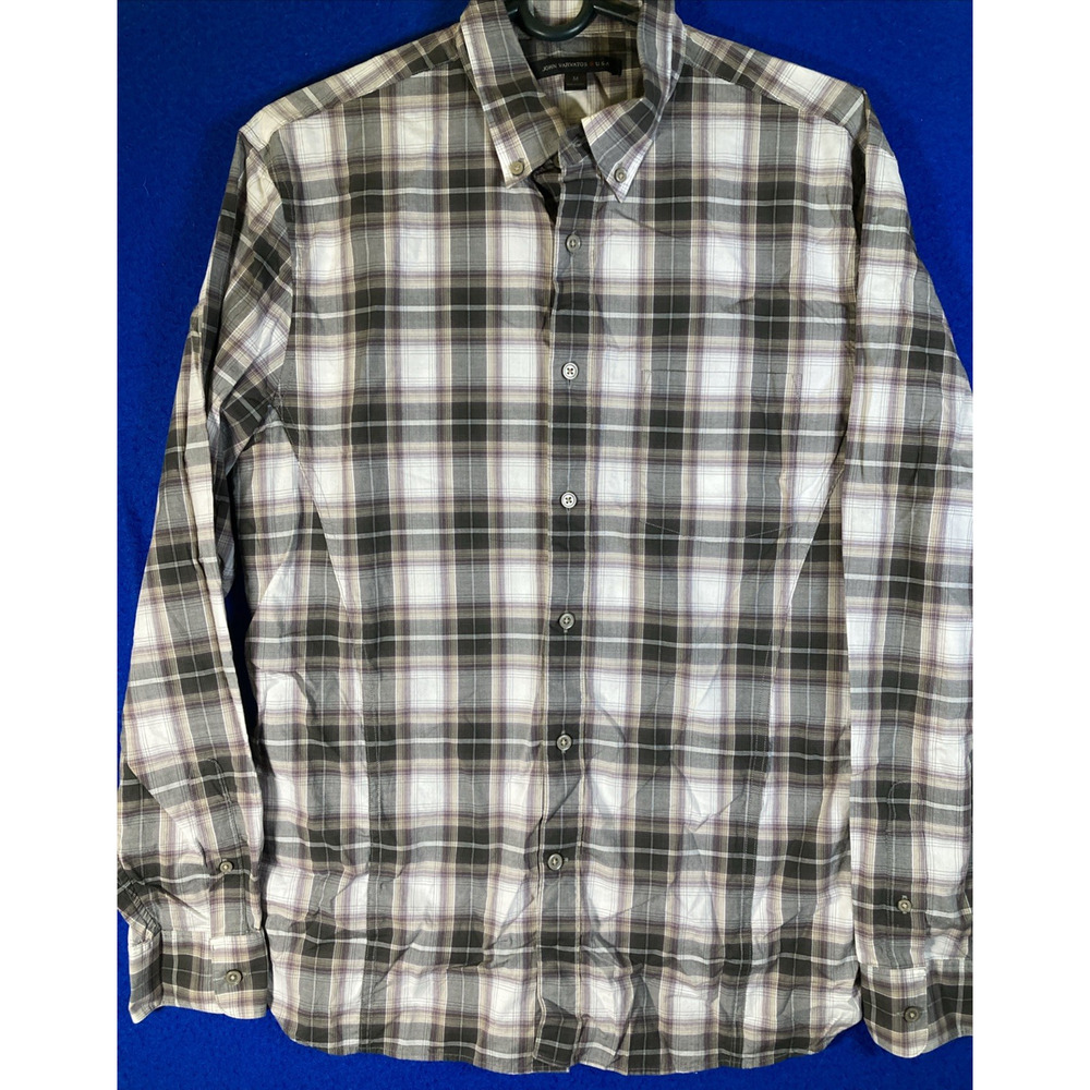 John Varvatos Men's Medium Gray Plaid Long Sleeve Button Down Shirt USA